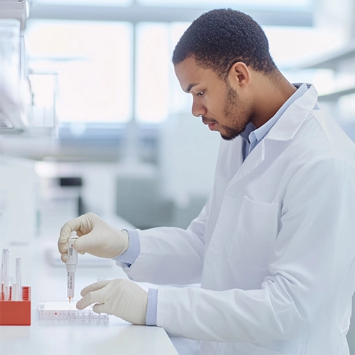 A laboratory scientist prepares samples in a lab.