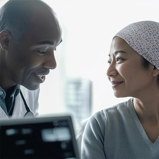 An oncologist shows his patient treatment options.