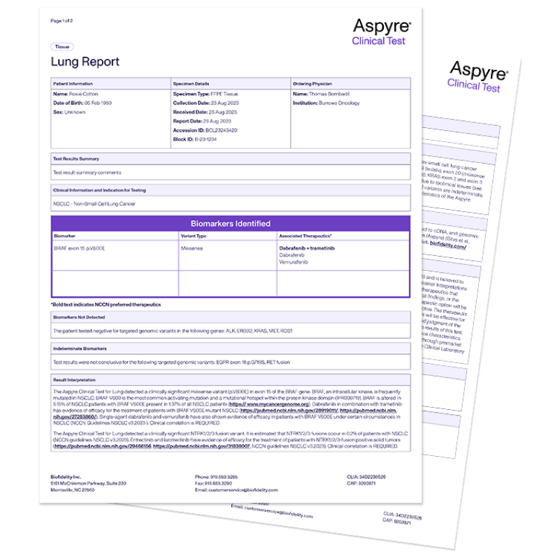 An example of Aspyre Clinical Test's two-page report.